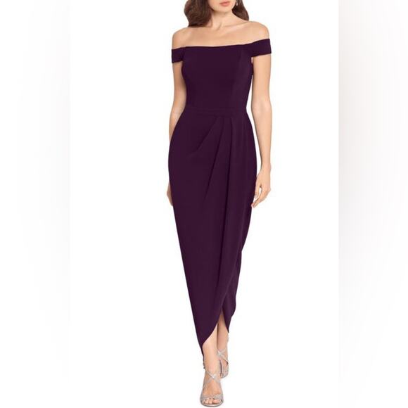 XSCAPE Womens Purple Off The Shoulder Wrap Front Scuba Crepe Midi Gown 6 - Picture 1 of 8